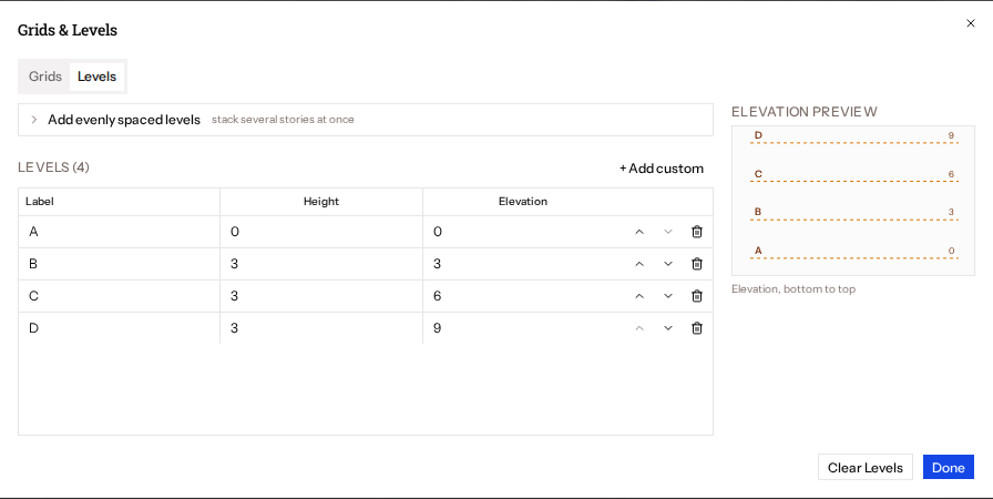 Levels tab with four levels and the elevation preview