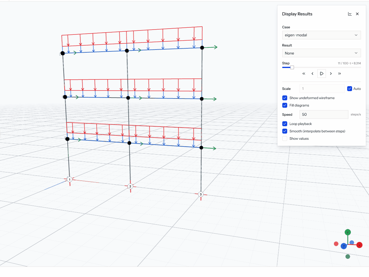 Switching between the eigen, pushover and earthquake cases and their results in the Display Results panel