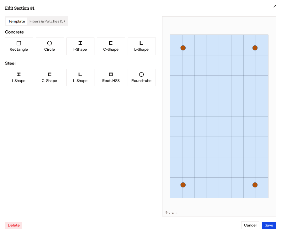 The template picker with concrete and steel shapes