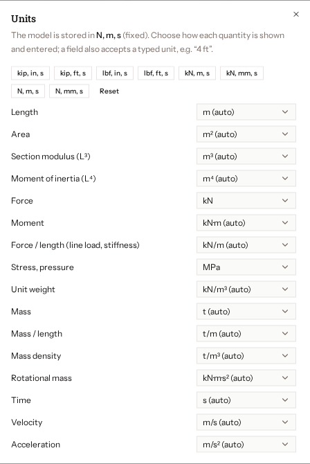 The Units dialog with preset buttons and one unit selector per quantity